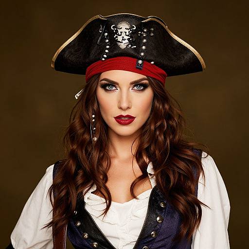 Photograph of a fair-skinned woman with blue eyes, long brown wavy hair, wearing a black pirate hat with a skull, red headband