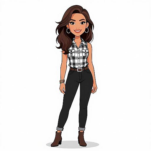 Digital cartoon of a smiling woman with long brown hair, wearing a black-and-white checkered sleeveless shirt, black high-waisted pants, brown