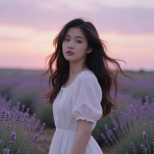 Photograph of an Asian woman with long, wavy brown hair in a white, sheer dress standing in a lavender field at sunset. Pink and purple
