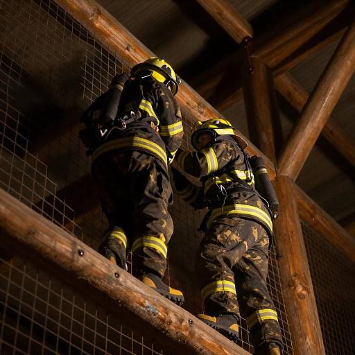 Firefighters Climbing Ladder Through Mesh Net