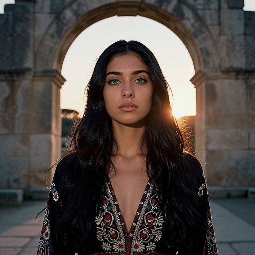 Photograph of a young woman with long dark hair, green eyes, and a deep V-neck embroidered blouse, standing in front of a stone archway