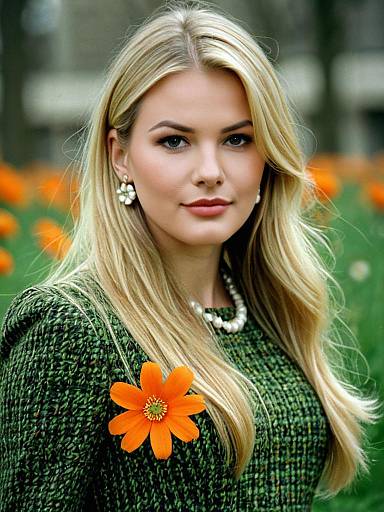 Blonde Woman in Green Tweed Dress with Orange Flower