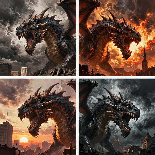 Photographic digital collage: Four panels of a massive, black, spiked dragon roaring in a cityscape during dramatic, fiery sunsets and stormy skies