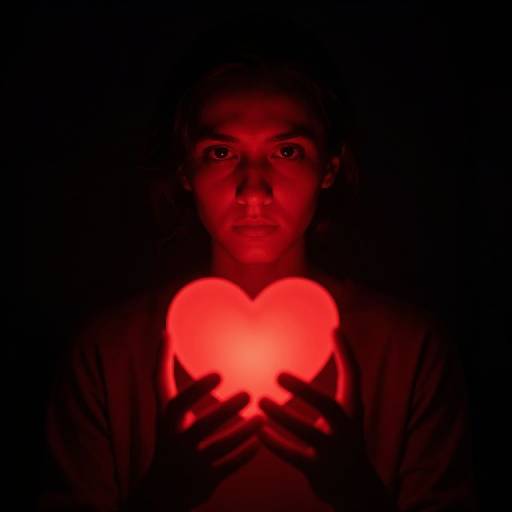 Photograph of a person with glowing red heart in hands, illuminated against a dark background, creating a mysterious, eerie effect.