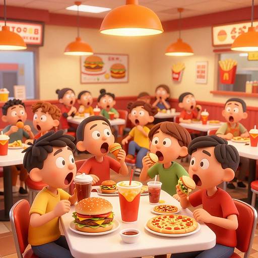 Digital cartoon of excited children eating burgers and pizzas in a brightly lit, busy McDonald's restaurant with orange hanging lights.