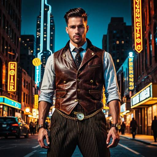 Modern Man in Brown Leather Waistcoat and Striped Trousers
