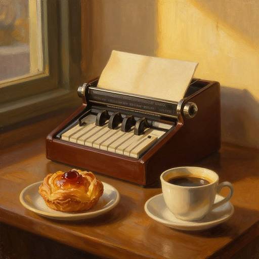 Vintage wooden typewriter with paper, coffee cup, and pastry on wooden windowsill; warm sunlight casting soft shadows. Cozy, nostalgic scene.