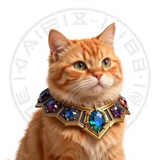Photograph of an orange tabby cat with green eyes wearing an elaborate, jeweled golden necklace, set against a plain white background.