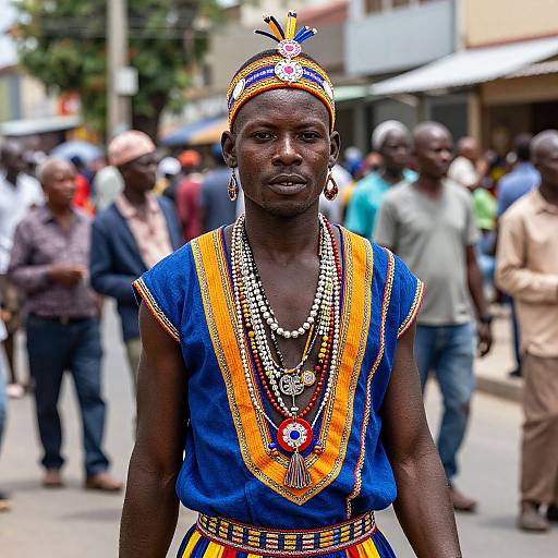 Photograph of a Black man in colorful traditional African attire, with intricate headgear, multiple bead necklaces, and a blue and orange dress, standing