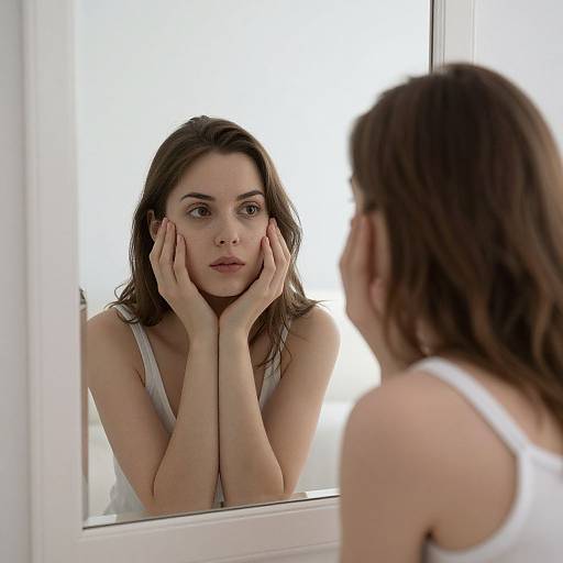 Photograph of a young woman with fair skin, brown hair, and brown eyes, wearing a white tank top, looking at herself in a mirror with