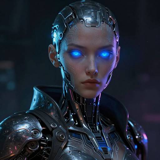 Photorealistic CGI of a cyborg woman with glowing blue eyes, metallic head and shoulders, dark background, futuristic sci-fi aesthetic.