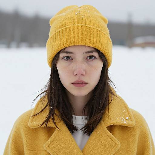 Photograph of a young woman with fair skin, dark brown hair, and brown eyes, wearing a yellow knit beanie and matching yellow coat, standing