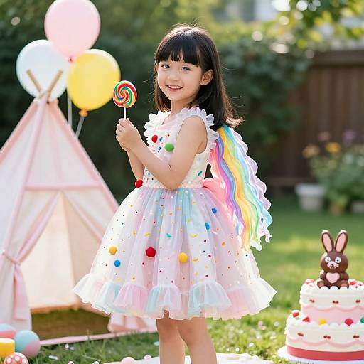 Photograph of a smiling young Asian girl with black hair, wearing a white, rainbow-trimmed, polka-dot dress, holding a lollipop