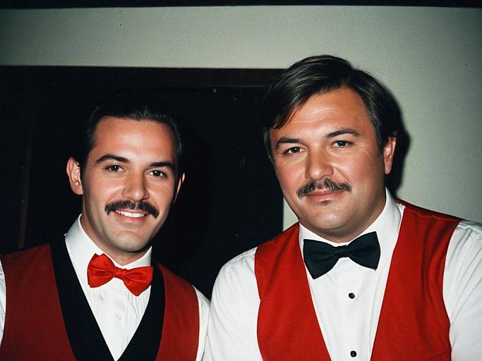 Photograph of two men with dark hair and mustaches, wearing red vests, white shirts, and red bow ties, smiling against a dark background.