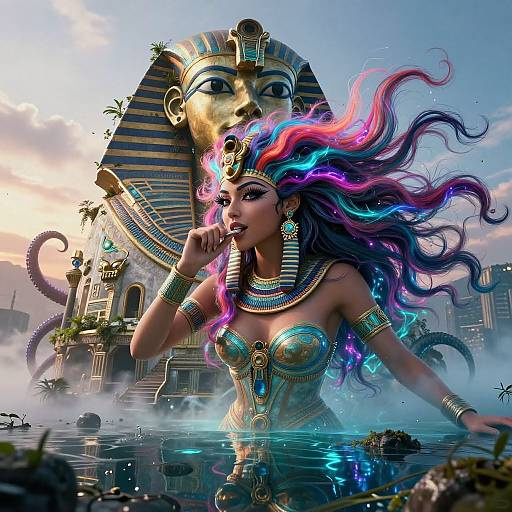 Digital art: Mystical Egyptian woman with vibrant, neon hair, gold jewelry, and turquoise top, stands in water before a giant, golden pharaoh