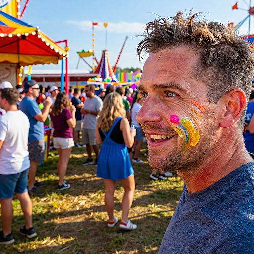 Photograph of a smiling man with colorful face paint, short brown hair, blue shirt, at a crowded outdoor carnival with colorful tents and people in the