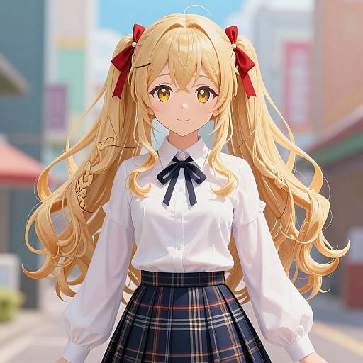 Anime-style digital drawing of a blonde girl with long twin-tails, red bows, white blouse, black plaid skirt, and yellow eyes, standing