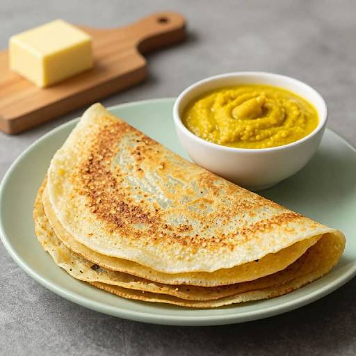 Photograph of a plate with two golden-brown, seasoned paratha wraps and a white bowl of bright yellow dal, with a block of butter on