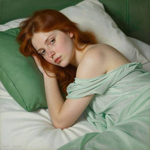 Photorealistic painting of a fair-skinned redheaded woman with soft green eyes, lying on a green pillow and white bed, partially covered by a