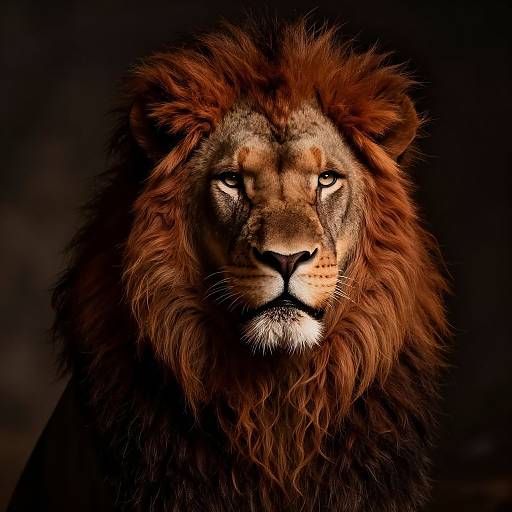 Photorealistic portrait of a majestic male lion with a dense, reddish-brown mane, intense amber eyes, and dark, shadowy background.