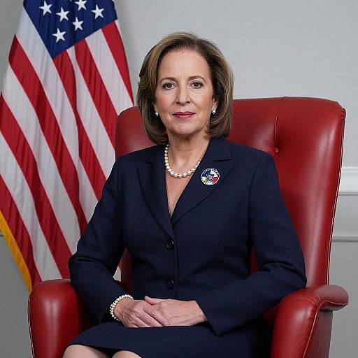 Photograph of a middle-aged woman with short brown hair, wearing a black suit, pearl necklace, and pin, seated in a red leather chair,
