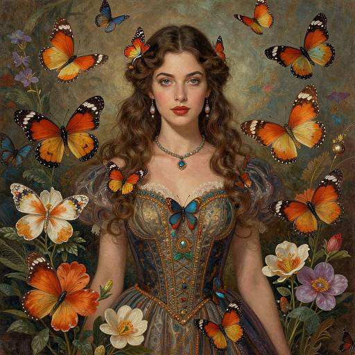 Digital painting of a fair-skinned woman with curly brown hair, wearing an ornate blue and gold corset, surrounded by vivid orange and black butterflies