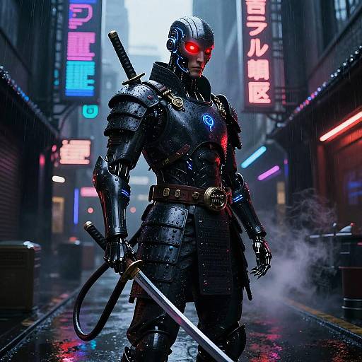 Brooding Cybernetic Samurai in Neon Alley