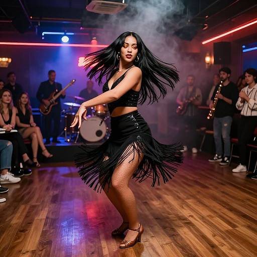 Photograph of an Asian woman with long black hair, wearing a black fringed crop top and skirt, dancing in a smoky nightclub, surrounded by