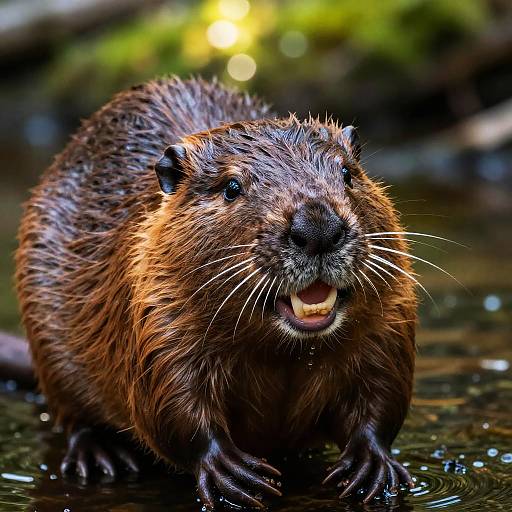 Photograph of a wet, brown, beaver with open mouth, sharp teeth, and whiskers, standing in a shallow, reflective water pool,