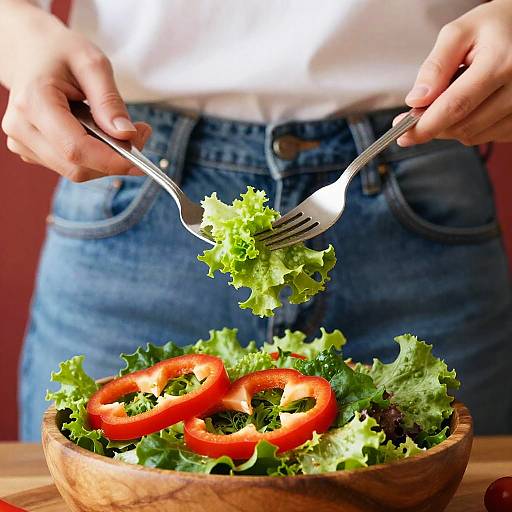 Photograph of hands holding fork and knife, lifting lettuce from a wooden bowl with red bell pepper slices and more lettuce. Wearing white shirt and blue