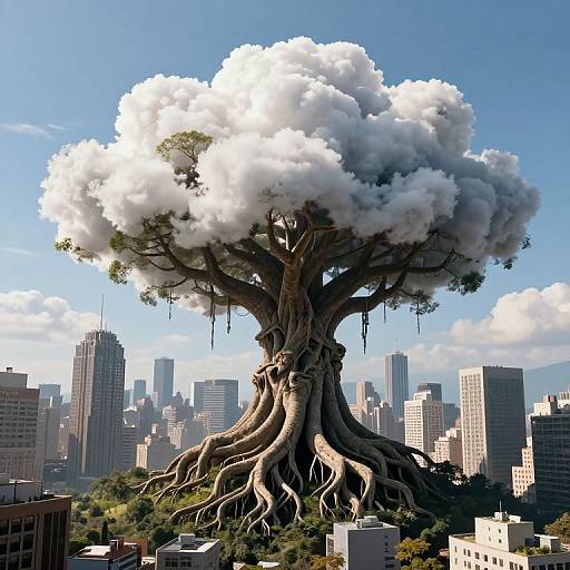 Photorealistic digital artwork of a massive, cloud-covered tree with sprawling roots amidst a modern cityscape, skyscrapers in the background.