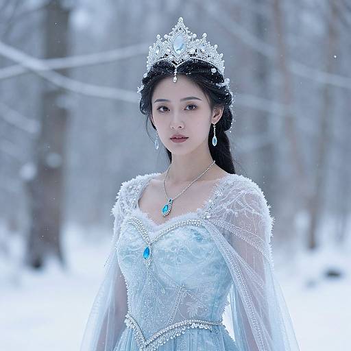 Photograph of an East Asian woman with fair skin, wearing a silver tiara, blue gemstone necklace, and intricately detailed white lace dress,