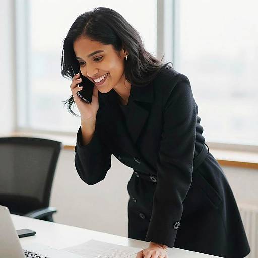 Photograph of a smiling, dark-haired woman in a black blazer, leaning on a desk, talking on a cellphone in a bright office.