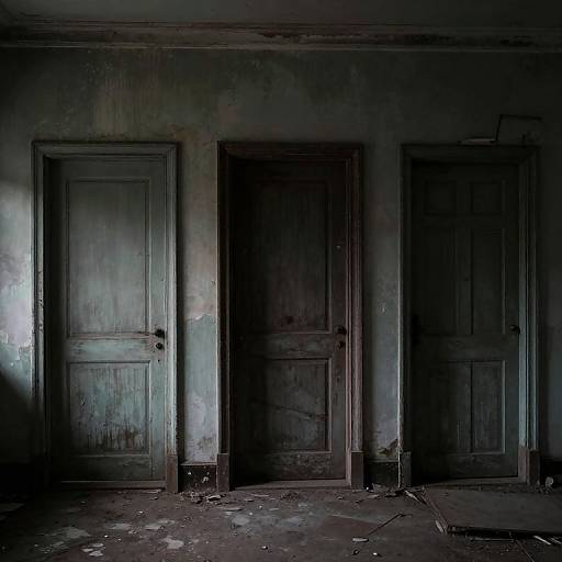 Photograph of a dimly lit, abandoned room with three weathered, peeling-paint doors, cracked walls, and a dusty, broken floor