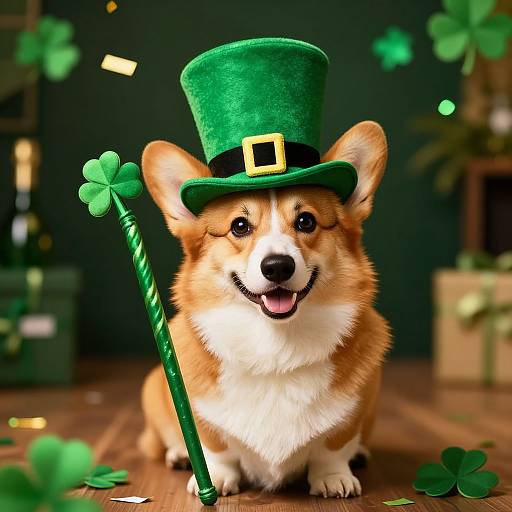 Photograph of a cute, fluffy Corgi puppy wearing a green top hat and holding a green shamrock stick, surrounded by clovers and gift