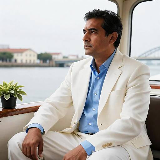 Man in White Suit Sitting on Boat