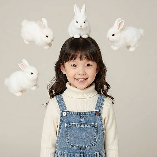 Cheerful Child with Floating Bunnies