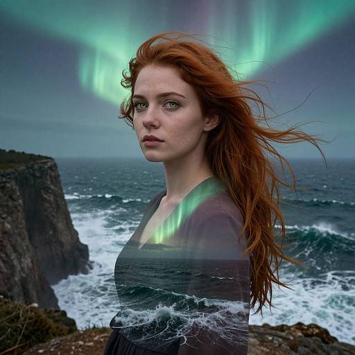 Photograph of a red-haired woman with fair skin and green eyes, standing on a rocky coast, with Northern Lights illuminating the night sky and waves