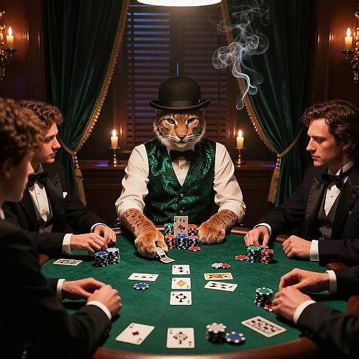 Lynx in Emerald Waistcoat Playing Poker