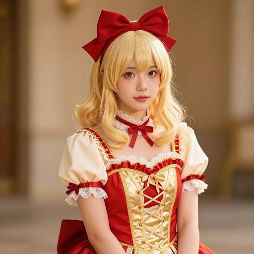 Blonde Girl in Red Gold Dress