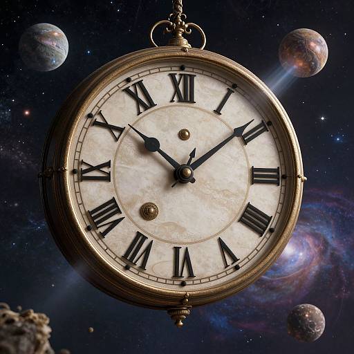 Photorealistic digital art: Vintage, gold pocket watch with Roman numerals, black hands, floating in space among planets and galaxy backdrop.