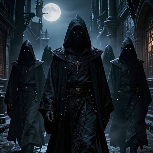 Digital art of four hooded, shadowy figures with glowing eyes in dark, ornate robes walking in a misty, moonlit Gothic alleyway