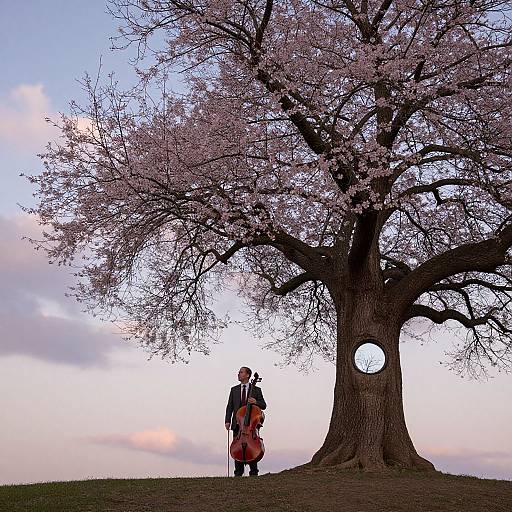 Man with Cello Beneath Blossom Tree