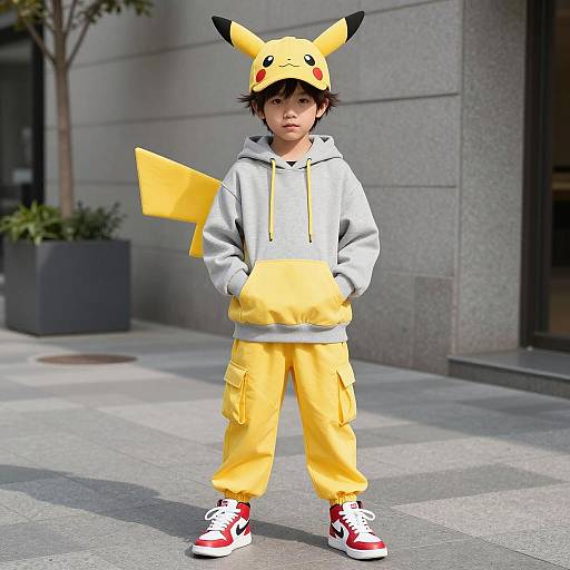 Child in Pikachu cosplay costume outdoors