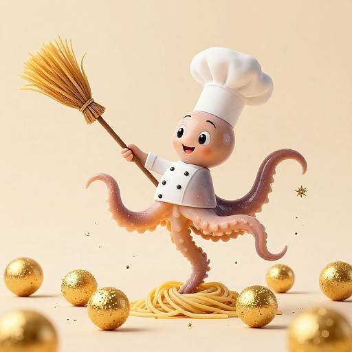 Playful Chef-Squid on Pasta Broomstick