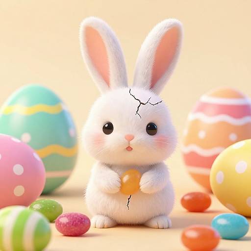 Photorealistic CGI of a cute, white, crack-eyed bunny holding an orange egg, surrounded by colorful Easter eggs and candy.