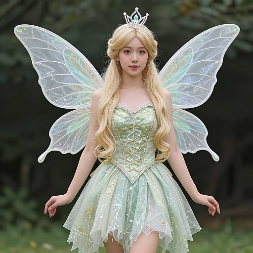 Photograph of a blonde fairy with long hair, translucent wings, green corset dress, and tiara, standing in a forest.