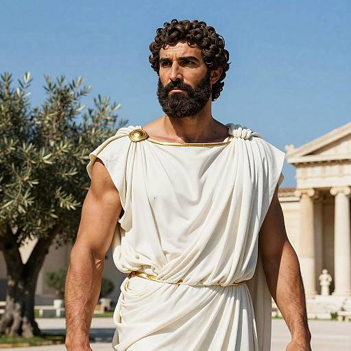 Photograph of a muscular, dark-haired, bearded man with a serious expression, wearing a white classical Greek tunic, standing in front of a