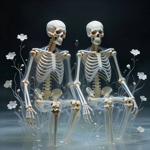 Photorealistic CGI of two skeletal figures sitting in water, surrounded by glowing white flowers, against a dark blue background.