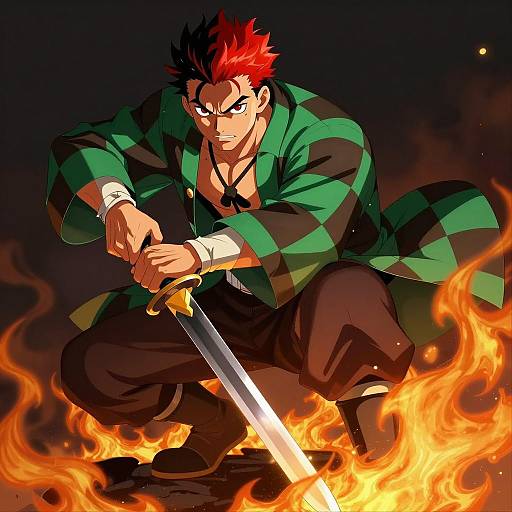 Muscular Man in Flames with Sword